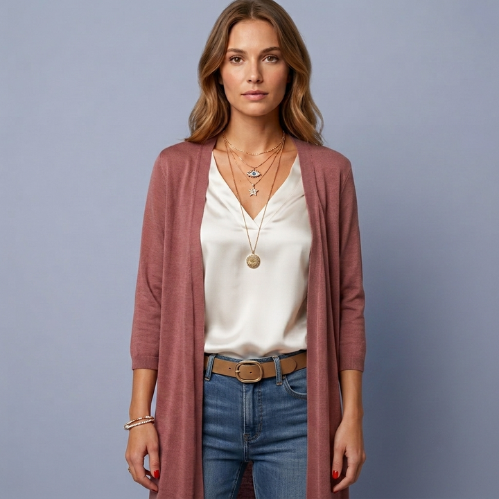 Dame Lang Cardigan med Åben Front og Sideslidser