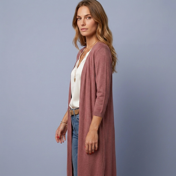 Dame Lang Cardigan med Åben Front og Sideslidser