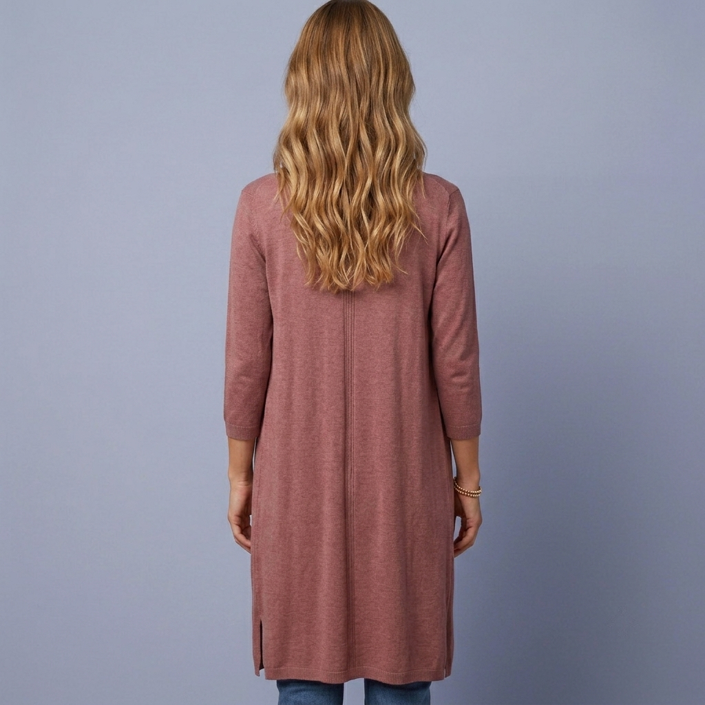 Dame Lang Cardigan med Åben Front og Sideslidser