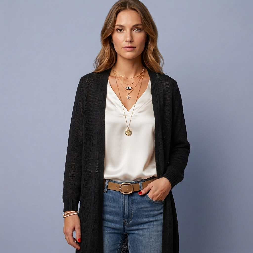 Dame Lang Cardigan med Åben Front og Sideslidser