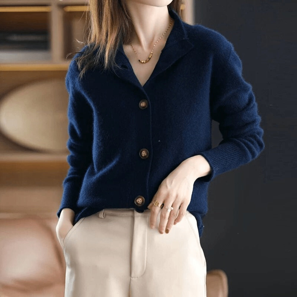Cecilie | Cardigan Dame Cashmere Knaplukning Polokrave
