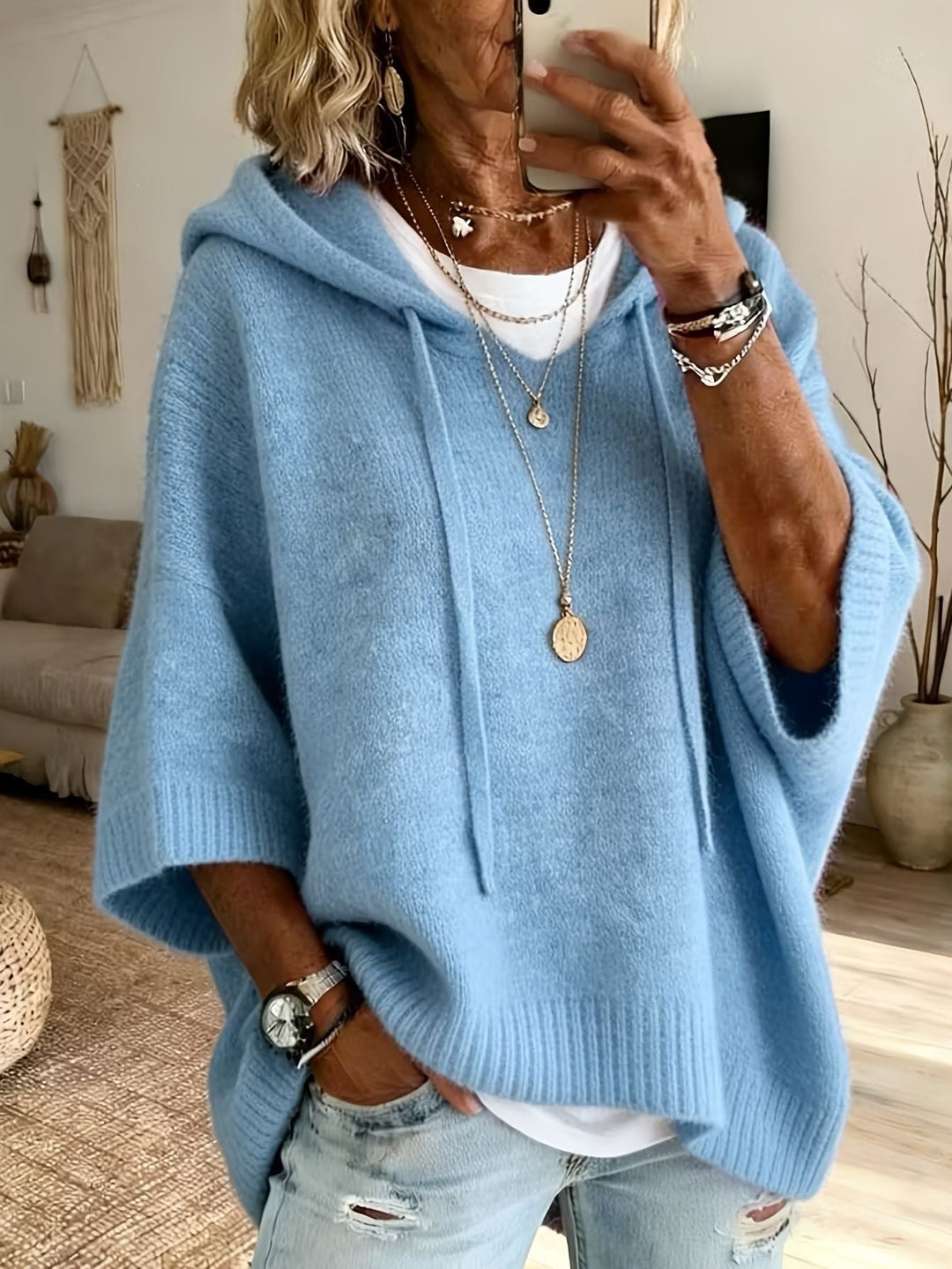 Cecilie | Strik Poncho med Hætte Dame Oversize