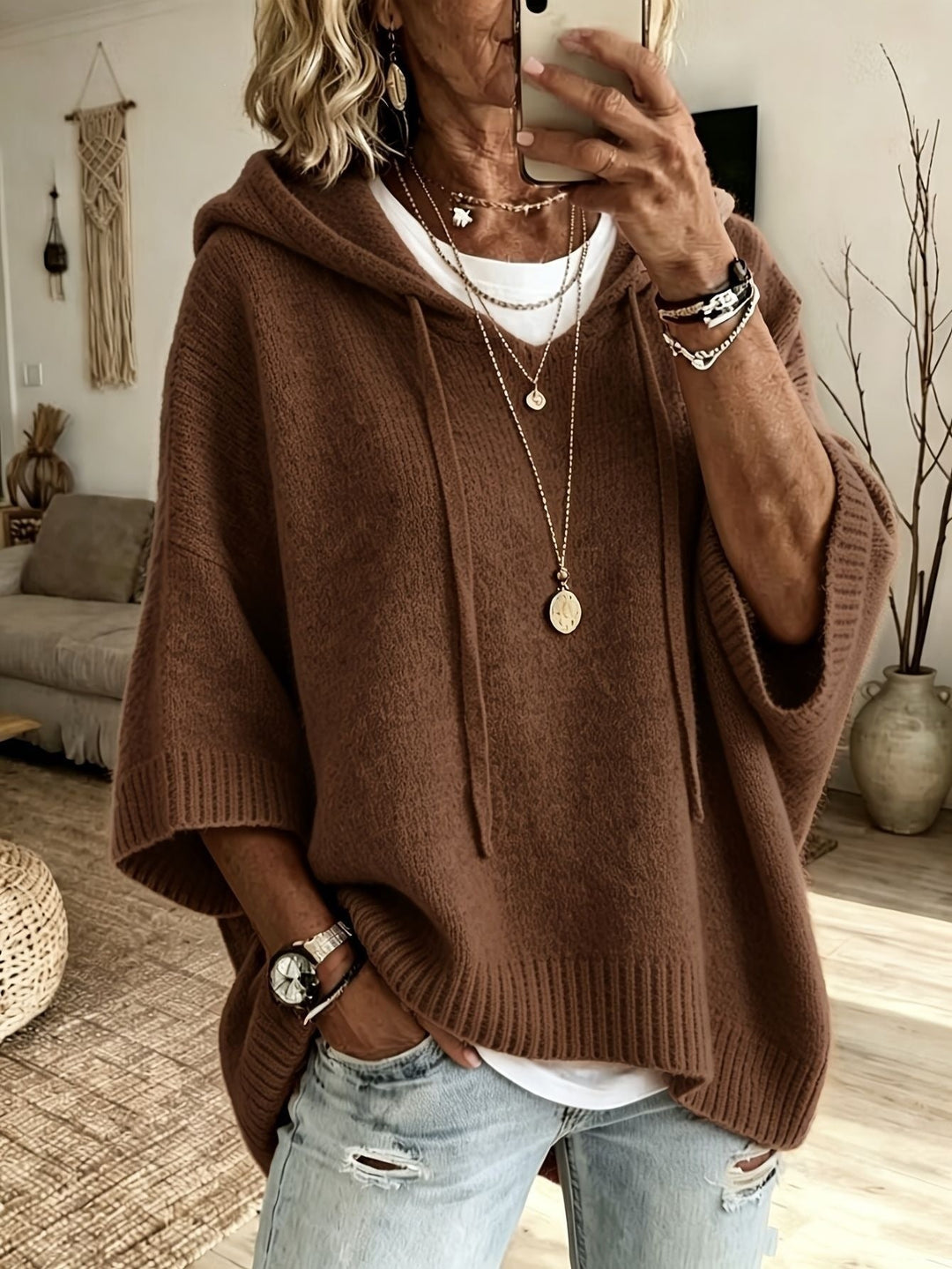 Cecilie | Strik Poncho med Hætte Dame Oversize