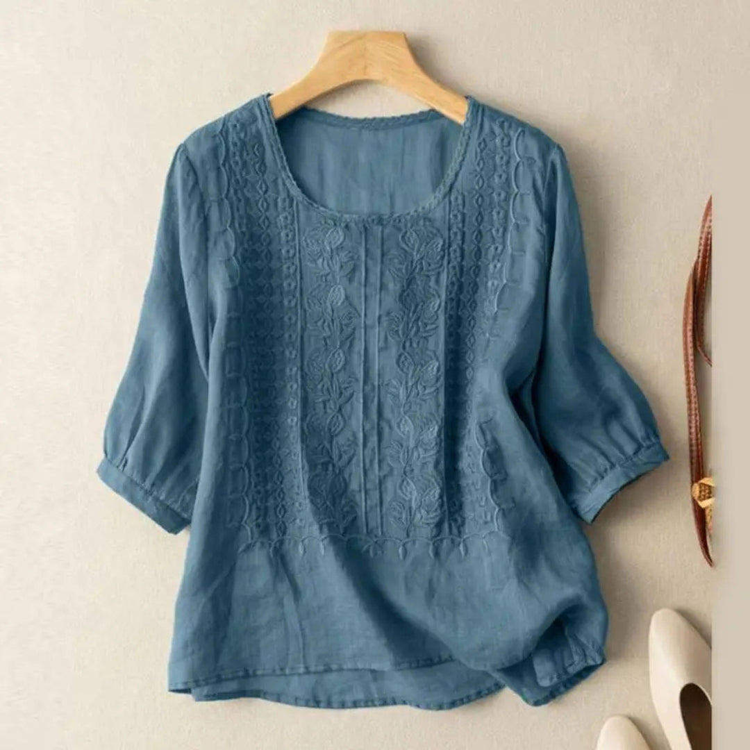 Gitte | Broderet Bluse Dame Bomuld 3/4 Ærmer
