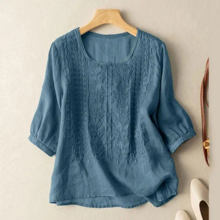 Gitte | Broderet Bluse Dame Bomuld 3/4 Ærmer