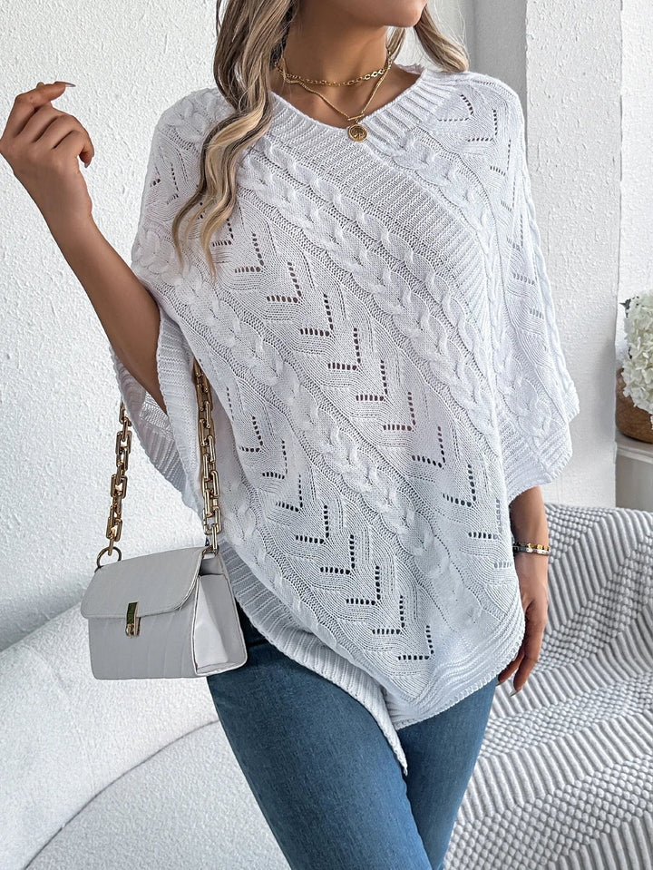 Josefine | Strikket Poncho Dame Kabelstrik Asymmetrisk