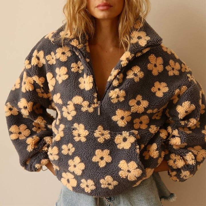 Kirsten | Fleece Jakke Dame Blomstret Oversized Halvlynlås