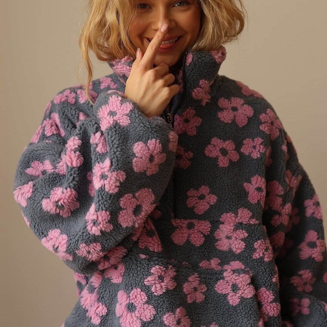 Kirsten | Fleece Jakke Dame Blomstret Oversized Halvlynlås