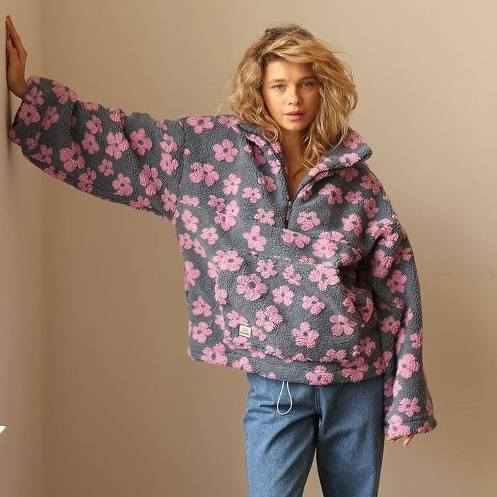Kirsten | Fleece Jakke Dame Blomstret Oversized Halvlynlås
