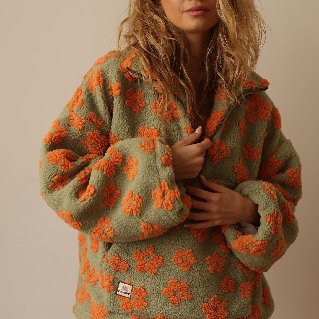 Kirsten | Fleece Jakke Dame Blomstret Oversized Halvlynlås
