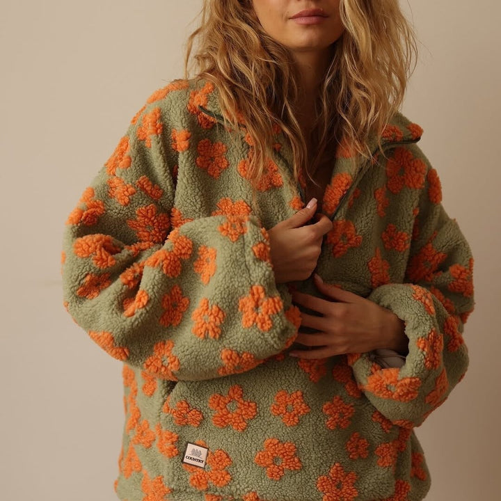 Kirsten | Fleece Jakke Dame Blomstret Oversized Halvlynlås