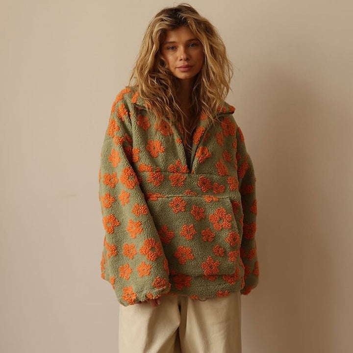 Kirsten | Fleece Jakke Dame Blomstret Oversized Halvlynlås