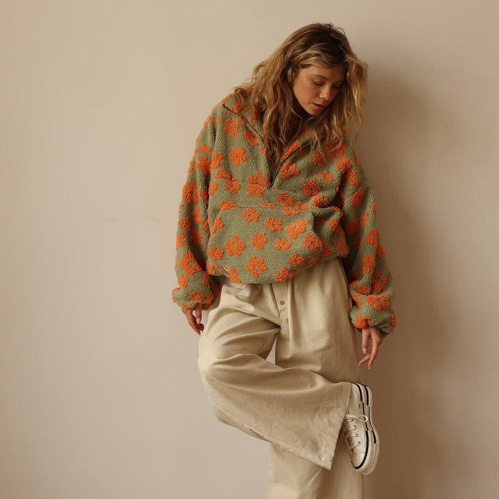 Kirsten | Fleece Jakke Dame Blomstret Oversized Halvlynlås
