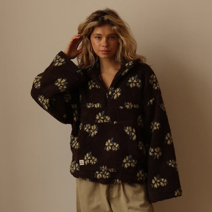 Kirsten | Fleece Jakke Dame Blomstret Oversized Halvlynlås