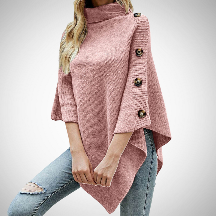 Maja | Strik Poncho Dame Rullekrave Knapdetaljer