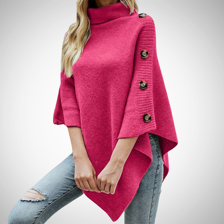 Maja | Strik Poncho Dame Rullekrave Knapdetaljer