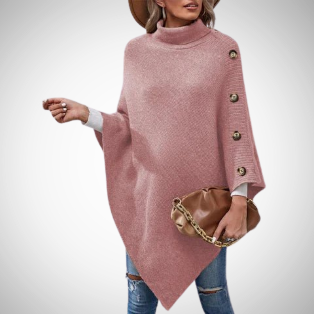 Maja | Strik Poncho Dame Rullekrave Knapdetaljer
