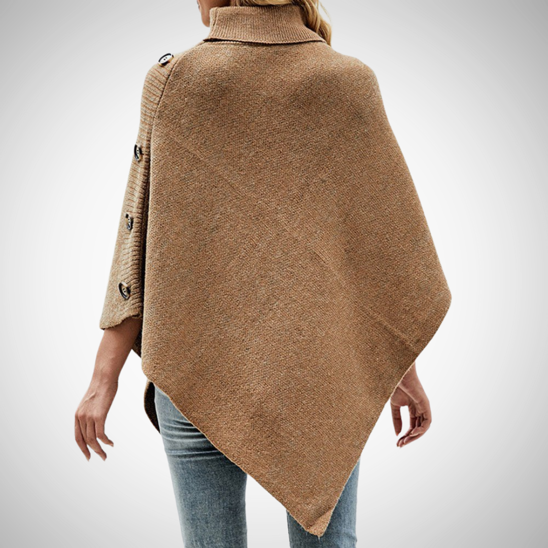 Maja | Strik Poncho Dame Rullekrave Knapdetaljer
