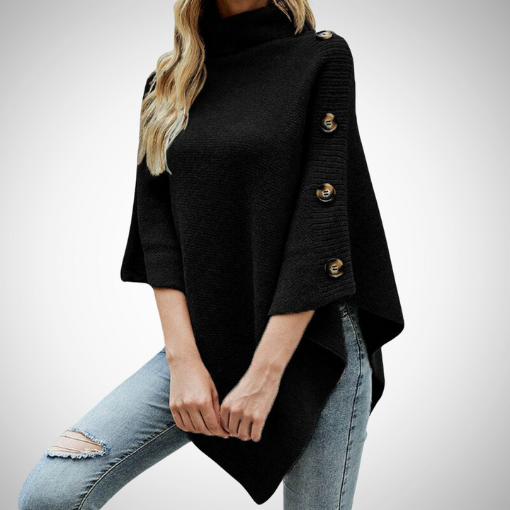 Maja | Strik Poncho Dame Rullekrave Knapdetaljer