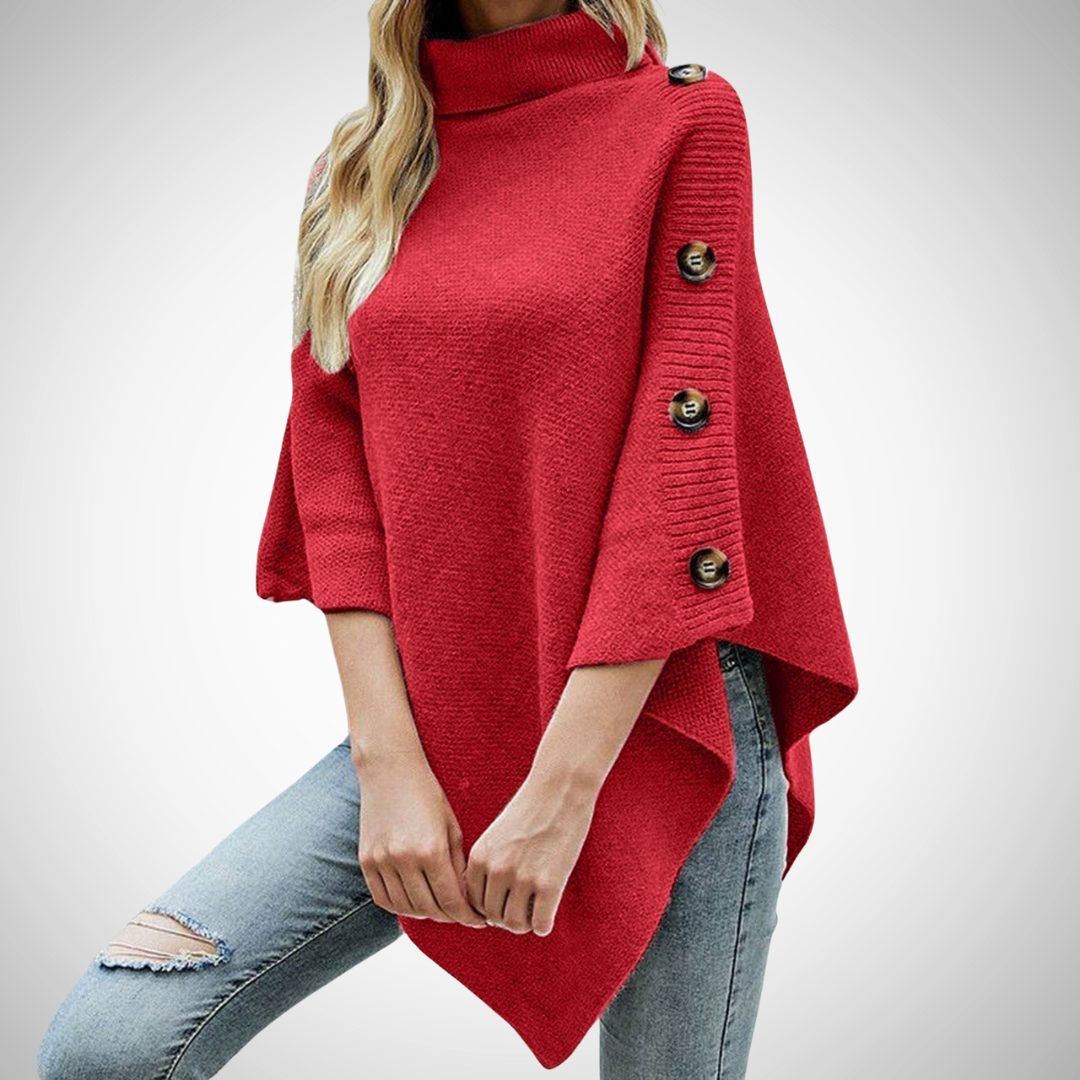 Maja | Strik Poncho Dame Rullekrave Knapdetaljer