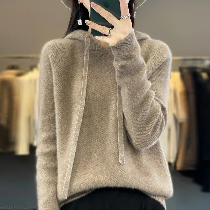 Maria | Sweater med Hætte Dame Merinould Langærmet