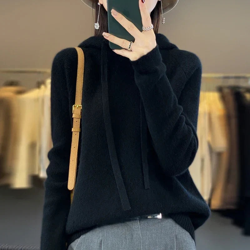 Maria | Sweater med Hætte Dame Merinould Langærmet