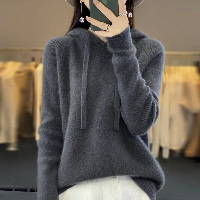 Maria | Sweater med Hætte Dame Merinould Langærmet