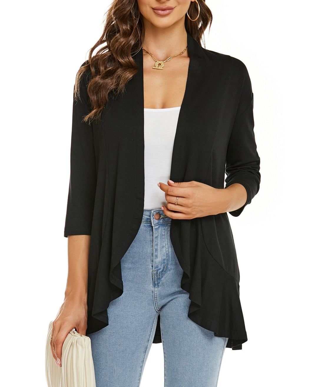 Nanna | Cardigan Dame Åben Front 3/4 Ærmer Draperet