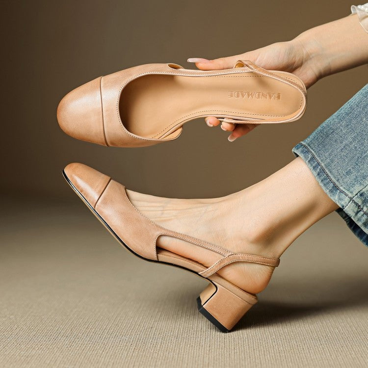 Pernille | Læder Slingback Pumps Dame Blok Hæl Rund Tå