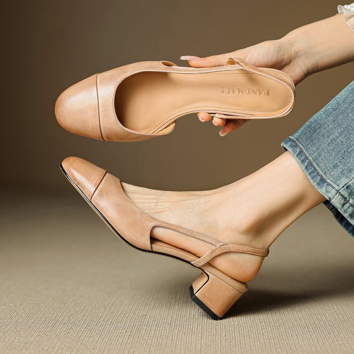 Pernille | Læder Slingback Pumps Dame Blok Hæl Rund Tå