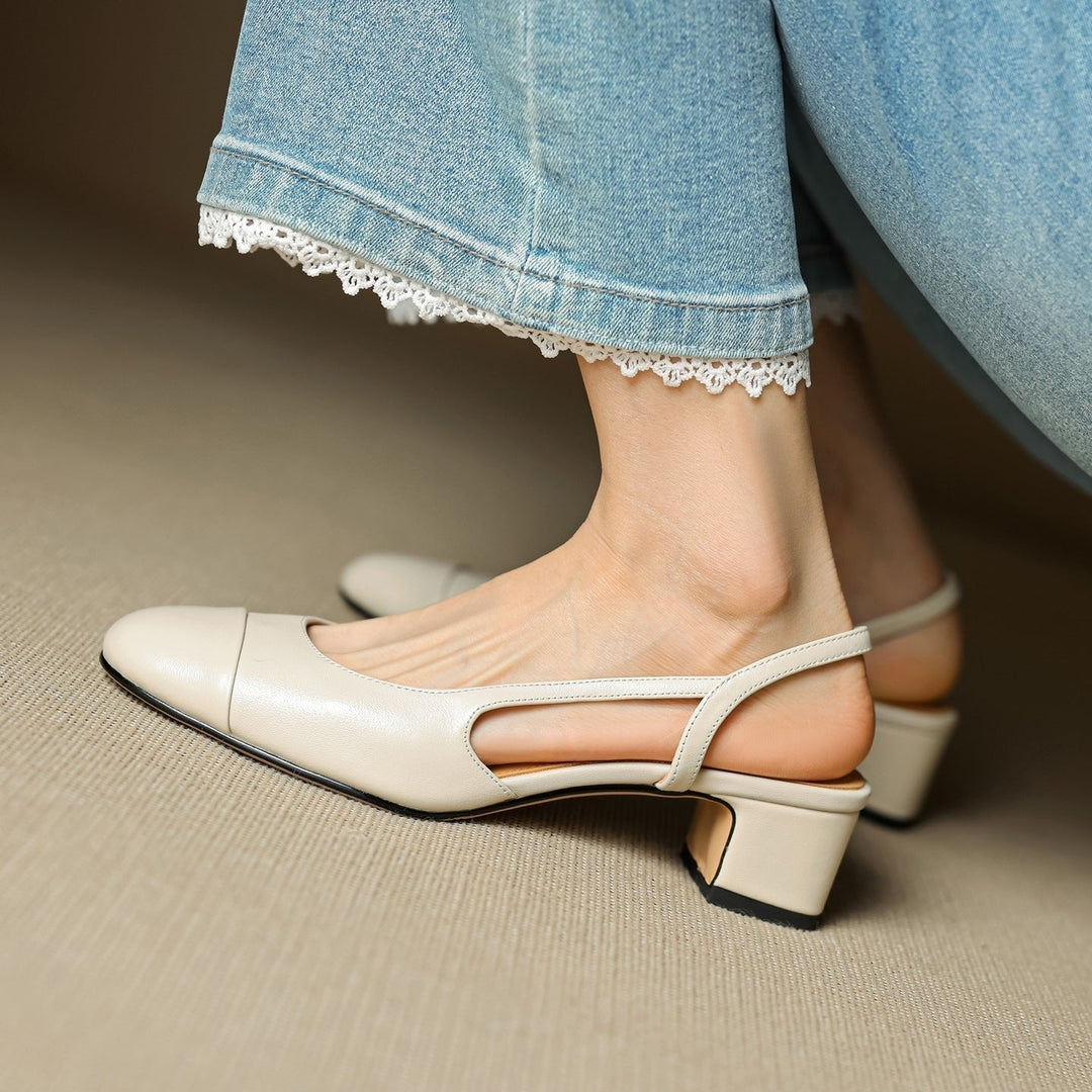 Pernille | Læder Slingback Pumps Dame Blok Hæl Rund Tå