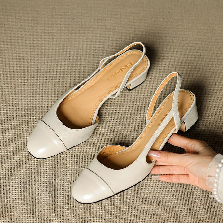 Pernille | Læder Slingback Pumps Dame Blok Hæl Rund Tå