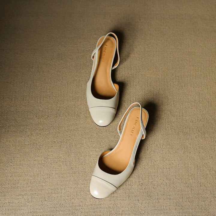 Pernille | Læder Slingback Pumps Dame Blok Hæl Rund Tå