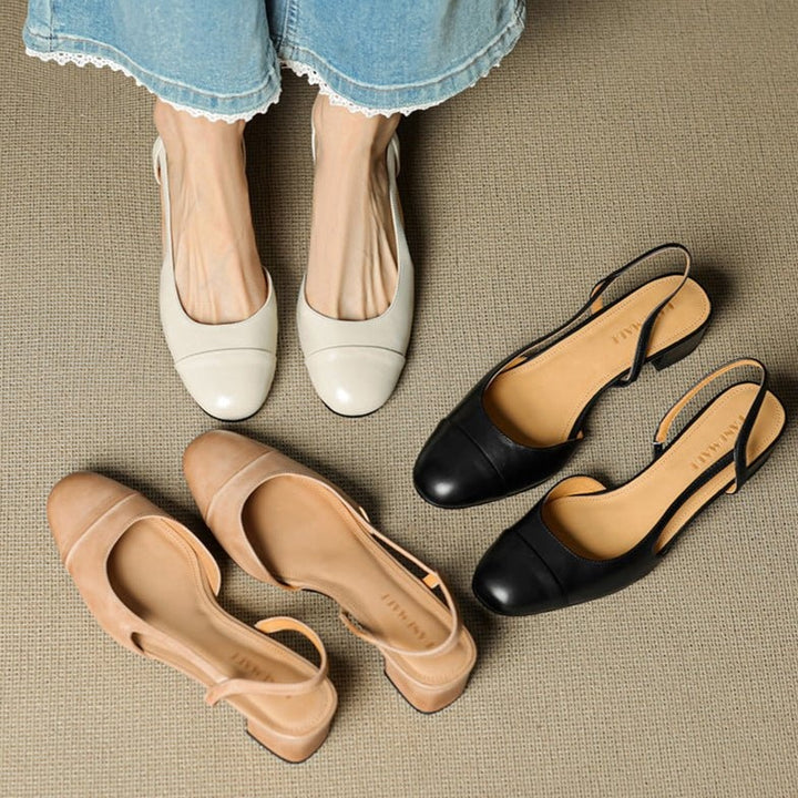 Pernille | Læder Slingback Pumps Dame Blok Hæl Rund Tå