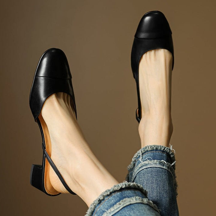 Pernille | Læder Slingback Pumps Dame Blok Hæl Rund Tå