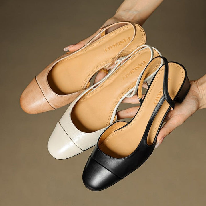 Pernille | Læder Slingback Pumps Dame Blok Hæl Rund Tå