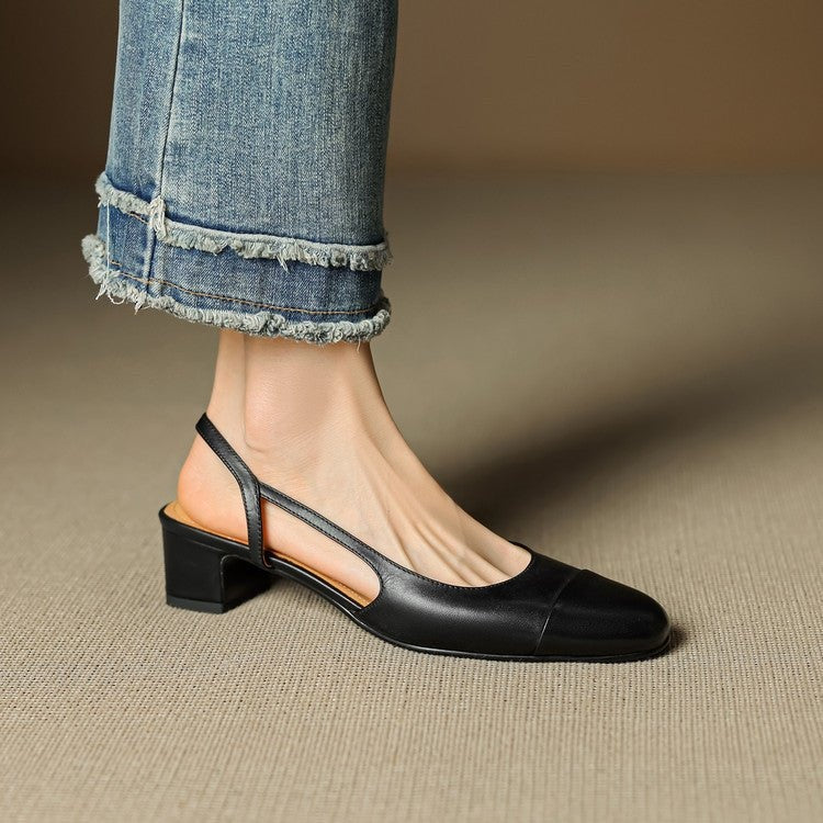 Pernille | Læder Slingback Pumps Dame Blok Hæl Rund Tå