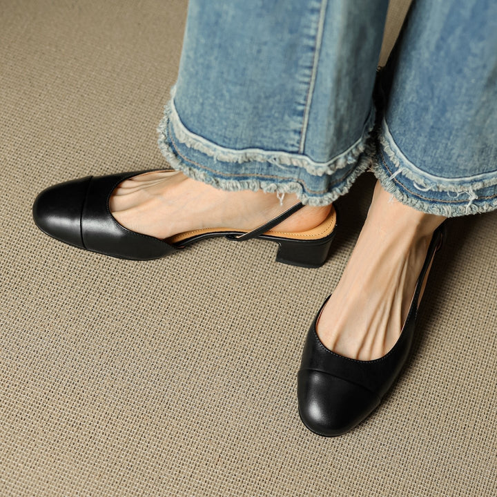 Pernille | Læder Slingback Pumps Dame Blok Hæl Rund Tå