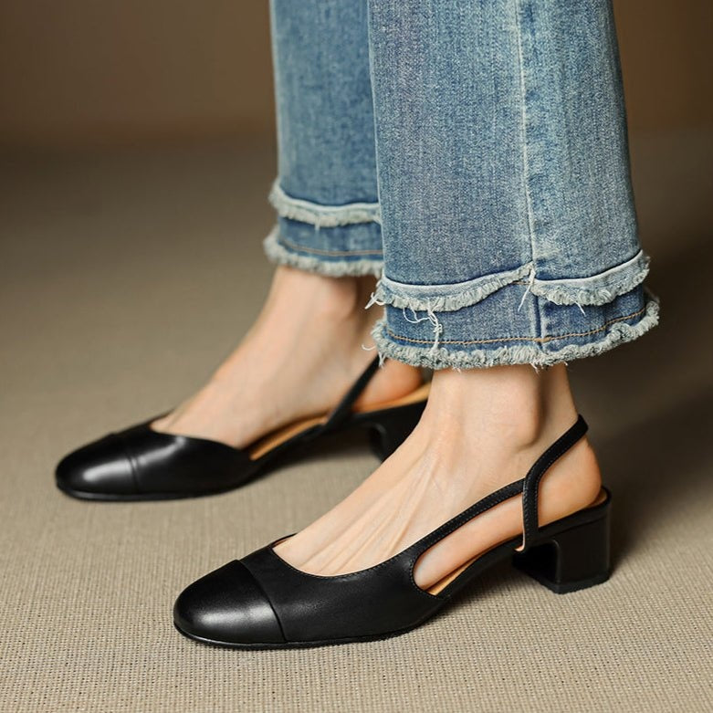 Pernille | Læder Slingback Pumps Dame Blok Hæl Rund Tå