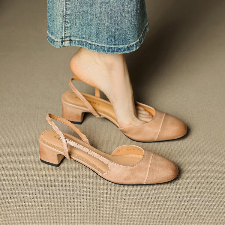Pernille | Læder Slingback Pumps Dame Blok Hæl Rund Tå