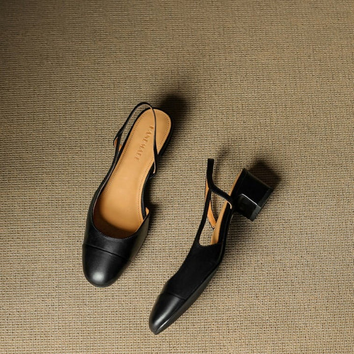 Pernille | Læder Slingback Pumps Dame Blok Hæl Rund Tå