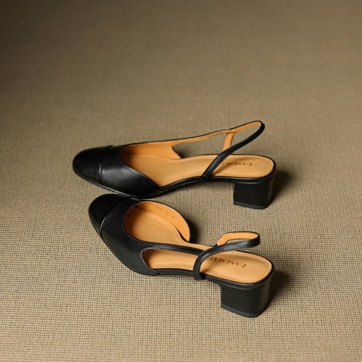 Pernille | Læder Slingback Pumps Dame Blok Hæl Rund Tå