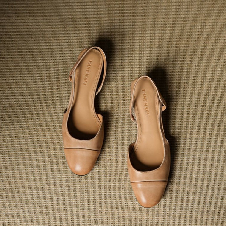 Pernille | Læder Slingback Pumps Dame Blok Hæl Rund Tå