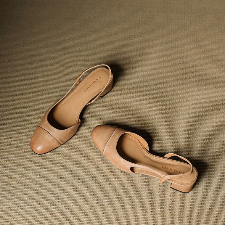 Pernille | Læder Slingback Pumps Dame Blok Hæl Rund Tå