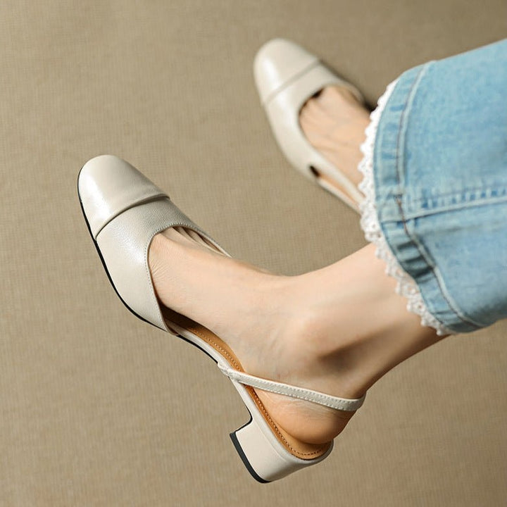 Pernille | Læder Slingback Pumps Dame Blok Hæl Rund Tå