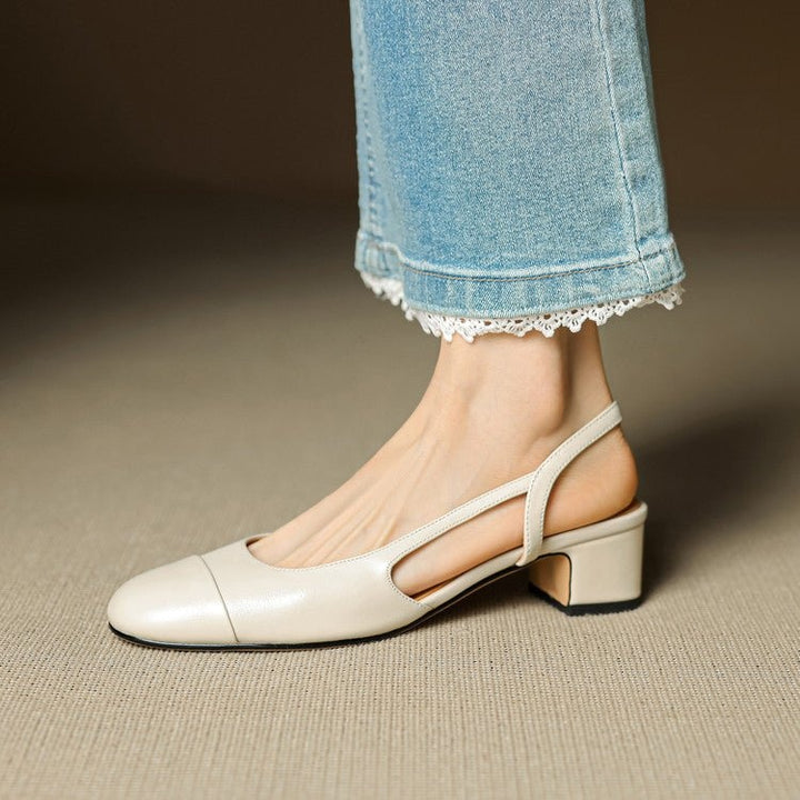 Pernille | Læder Slingback Pumps Dame Blok Hæl Rund Tå