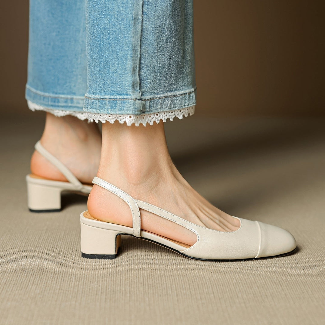 Pernille | Læder Slingback Pumps Dame Blok Hæl Rund Tå