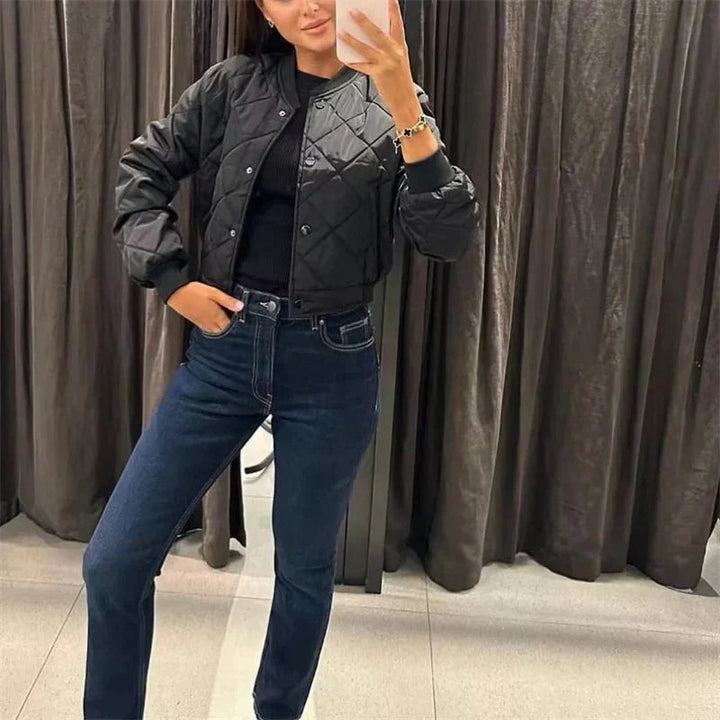 Pernille | Quiltet Bomber Jakke Dame Cropped Ribkant