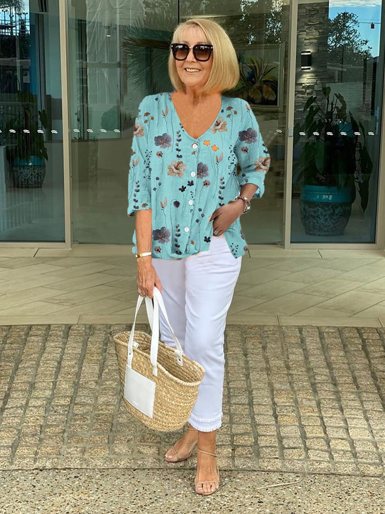 Rikke | Blomstret Bluse Dame V-udskæring Knapper