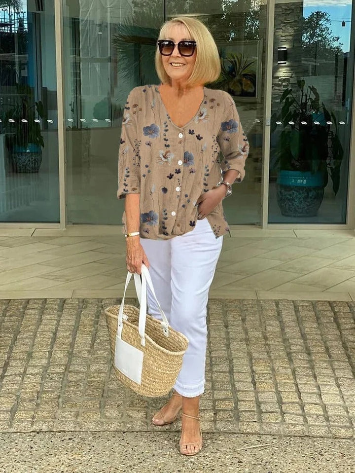 Rikke | Blomstret Bluse Dame V-udskæring Knapper